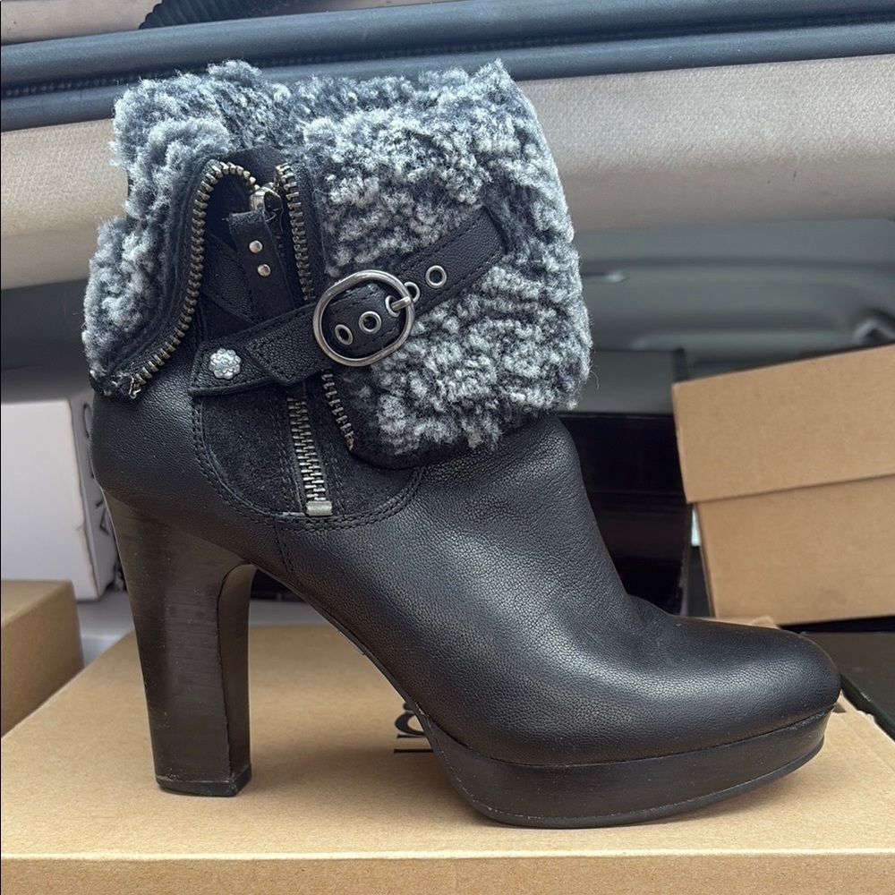 UGG Black and Gray Heeled Boots with Cozy Cuff